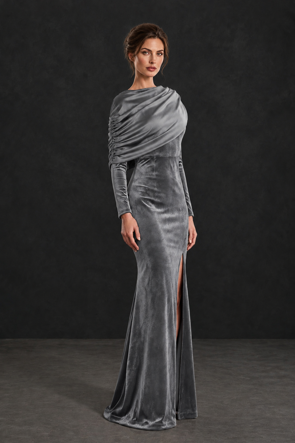 BOLODOO Grey Velvet Long Sleeve Draped Mother of the Bride Dress - Grey - Grey_3