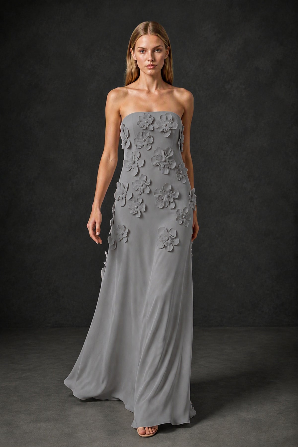BOLODOO Grey Strapless 3D Floral Appliqué Crepe Maxi Gown - Grey