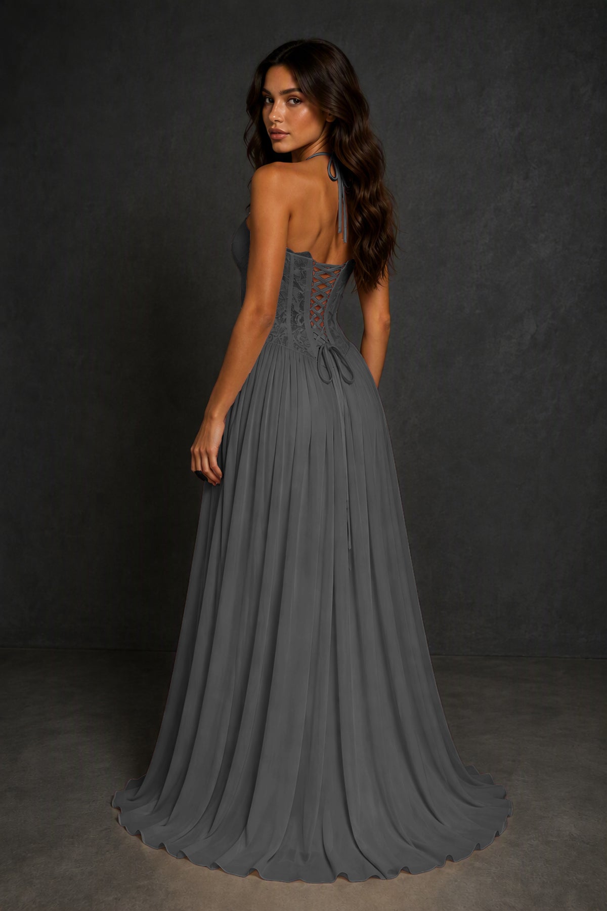 BOLODOO Grey Lace Corset Halter Maxi Gown – Backless A-Line Formal Dress - Grey
