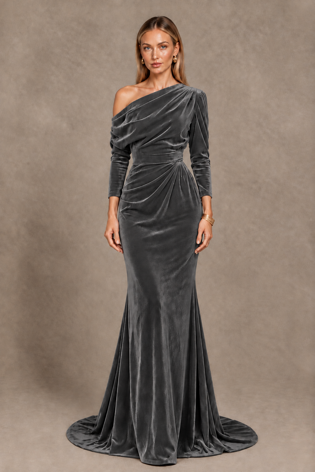 BOLODOO Grey Velvet Asymmetric Neck Mermaid Evening Dress - Grey - Grey_3