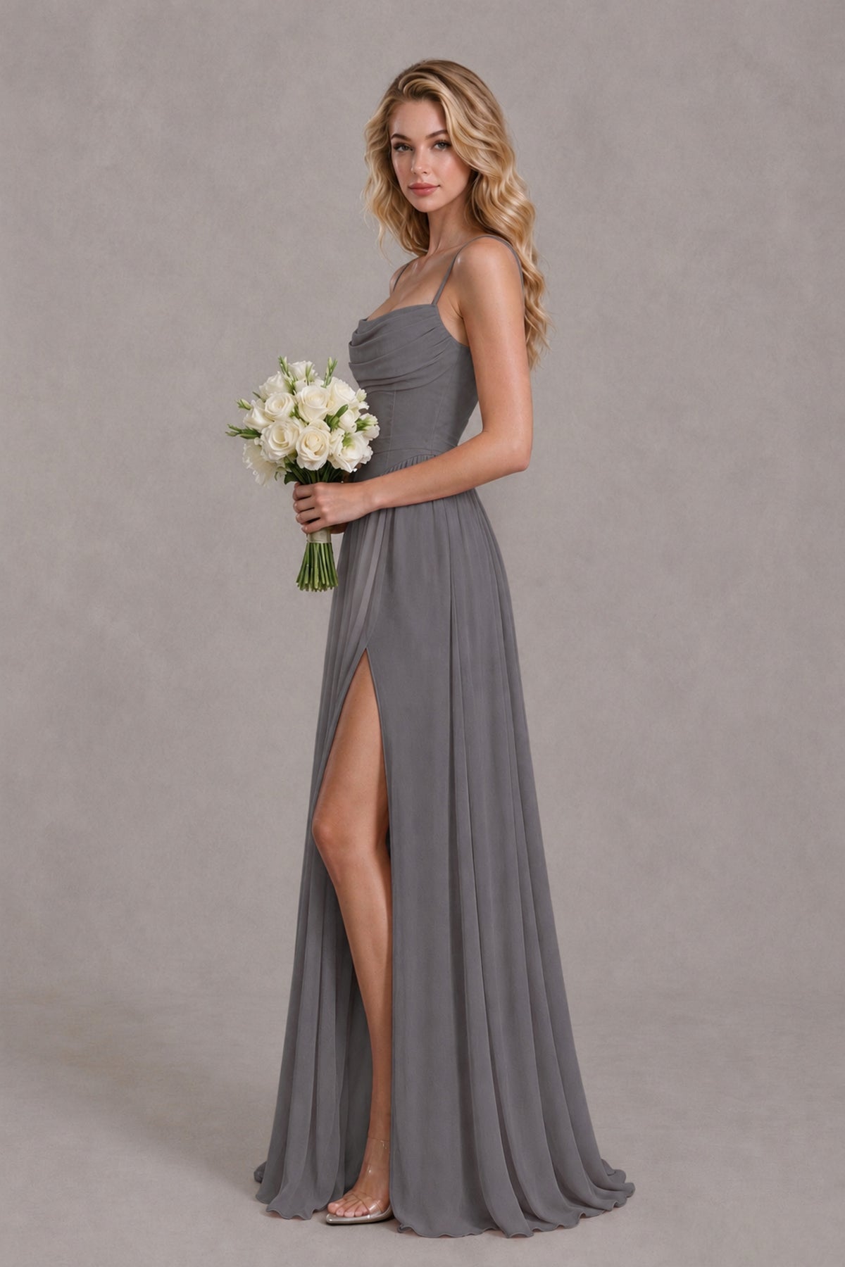 BOLODOO Grey Spaghetti Strap A-Line Bridesmaid Dress with Slit - Grey - Grey_3