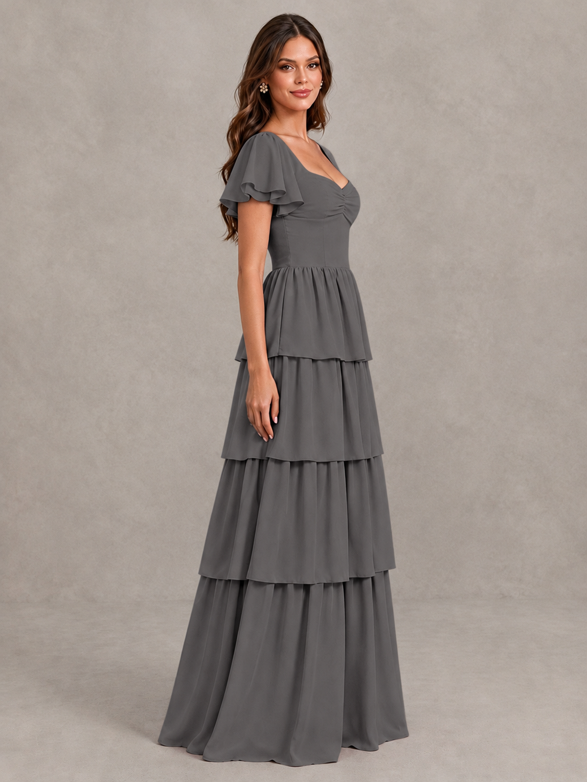 BOLODOO Grey Flutter Sleeve Tiered Maxi Bridesmaid Dress - Grey - Grey_3