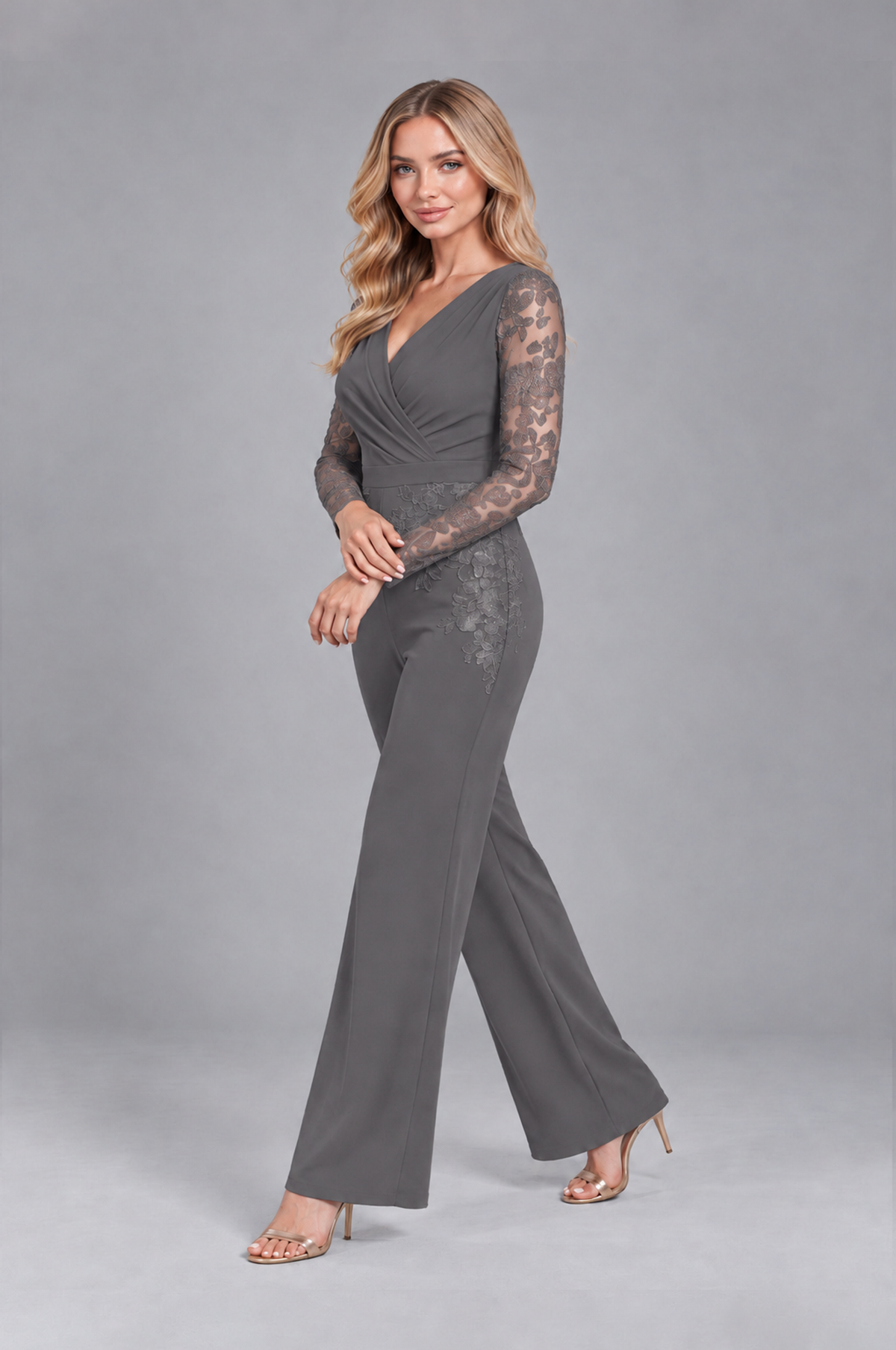 BOLODOO Grey Lace Long-Sleeve V-Neck Mother Pant Suit - Grey - Grey_3