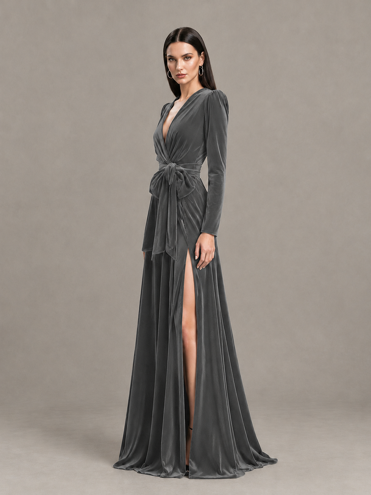 BOLODOO Grey Long Sleeve Velvet-Look Evening Dress with High Slit - Grey - Grey_3