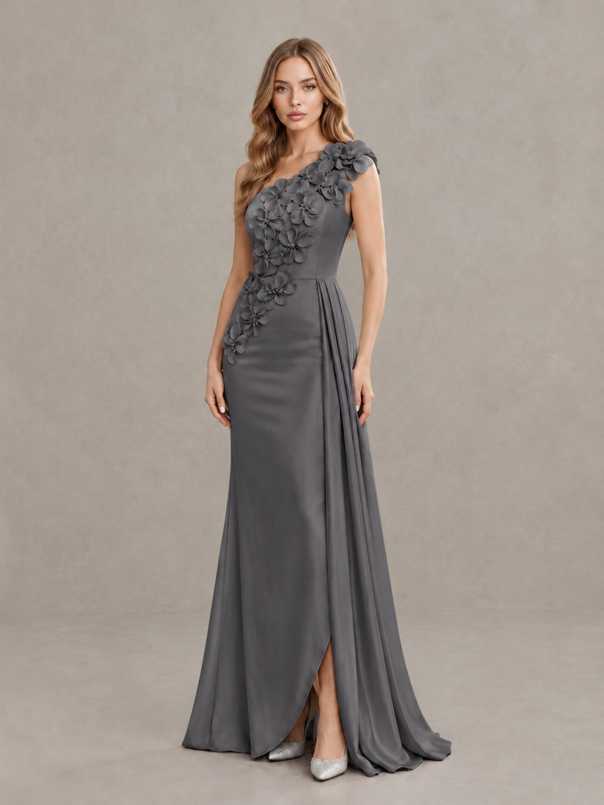 BOLODOO Grey One-Shoulder Satin Mermaid Evening Gown with 3D Floral Appliqué - Grey - Grey_3