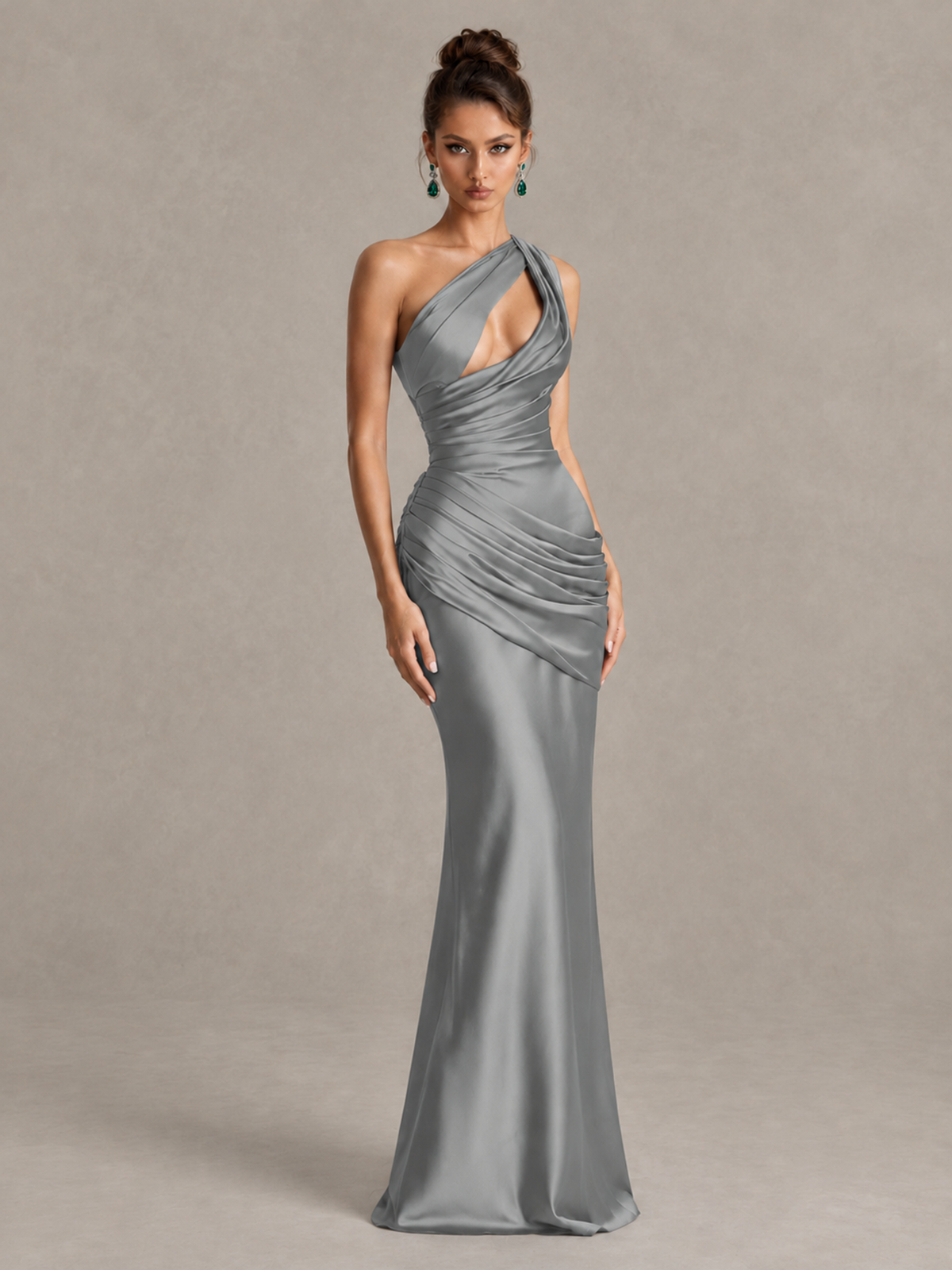 BOLODOO Grey One-Shoulder Cutout Satin Mermaid Prom Dress - Grey - Grey_3