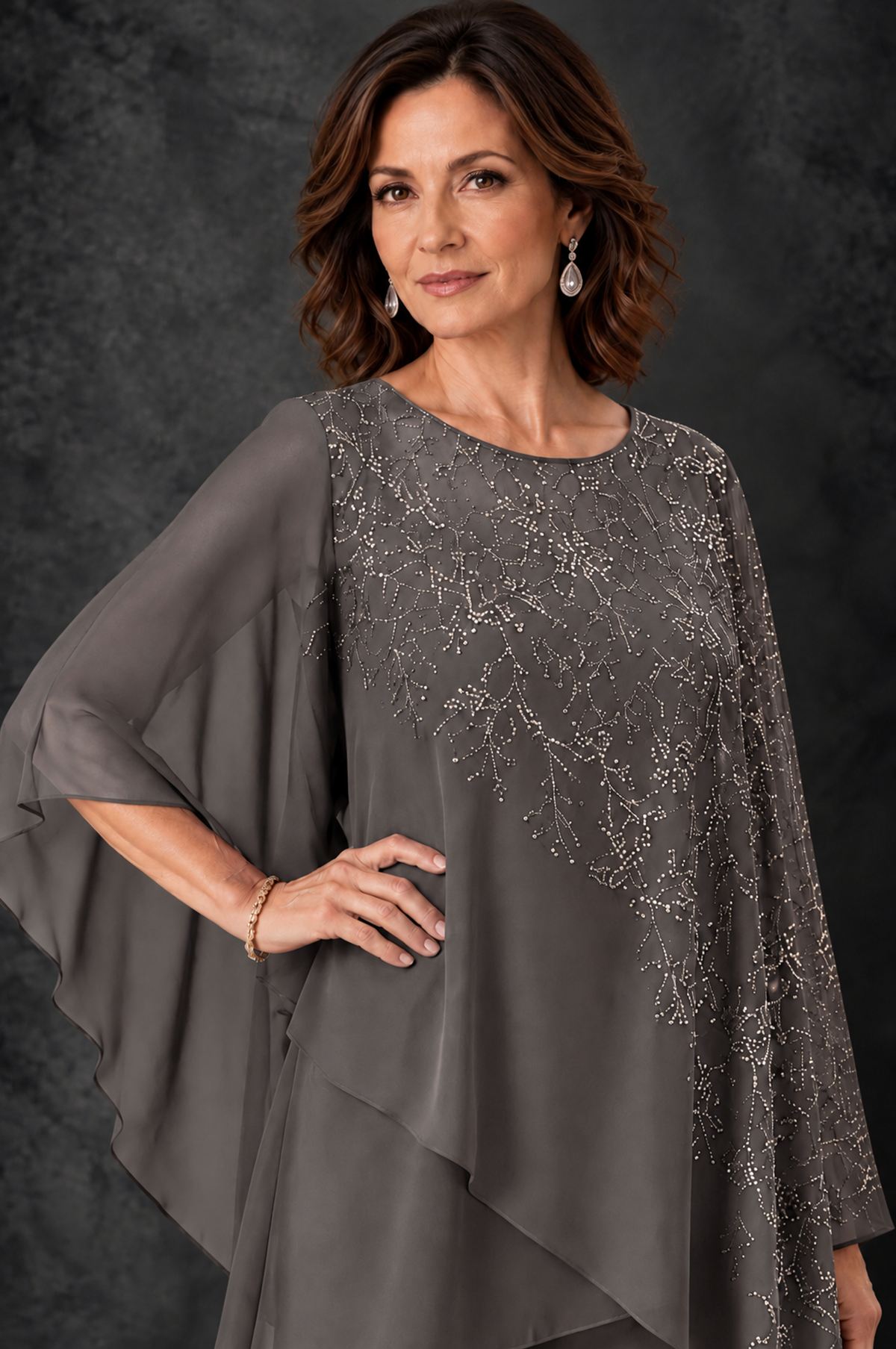 BOLODOO Grey Embellished Cape Pant Suit for Mother of the Bride - Grey - Grey_3