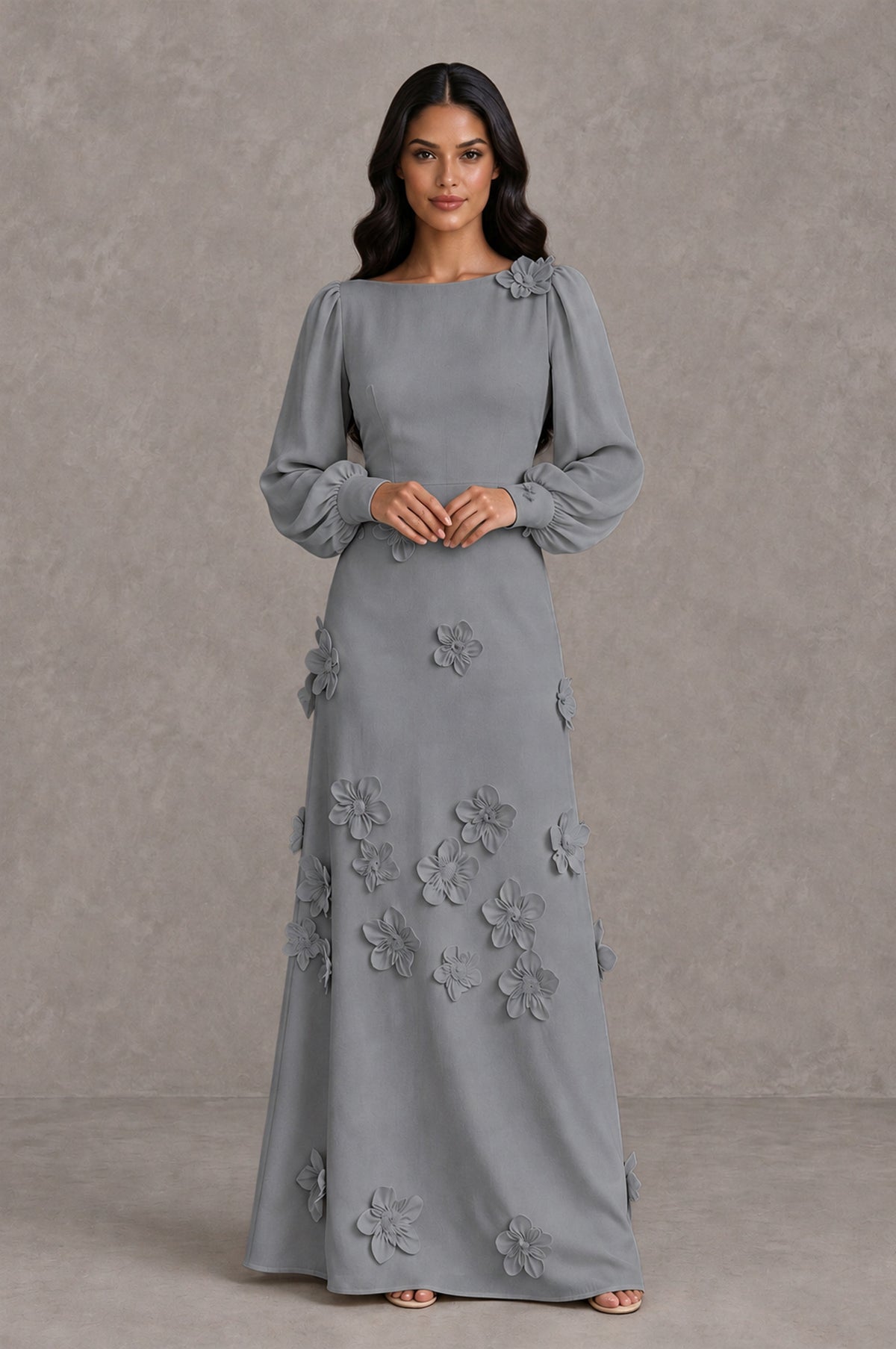BOLODOO Grey Long Sleeve Floral Applique A-Line Evening Dress - Grey - Grey_3