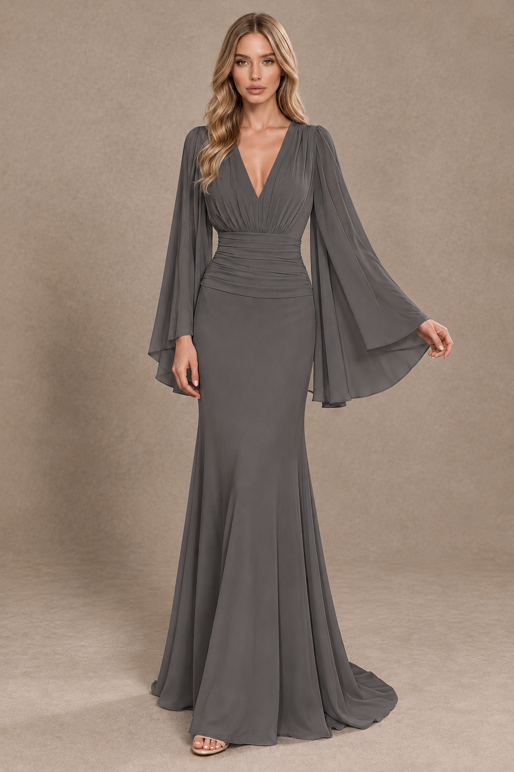 BOLODOO Grey Cape Sleeve V-Neck Ruched Chiffon Evening Dress - Grey - Grey_3