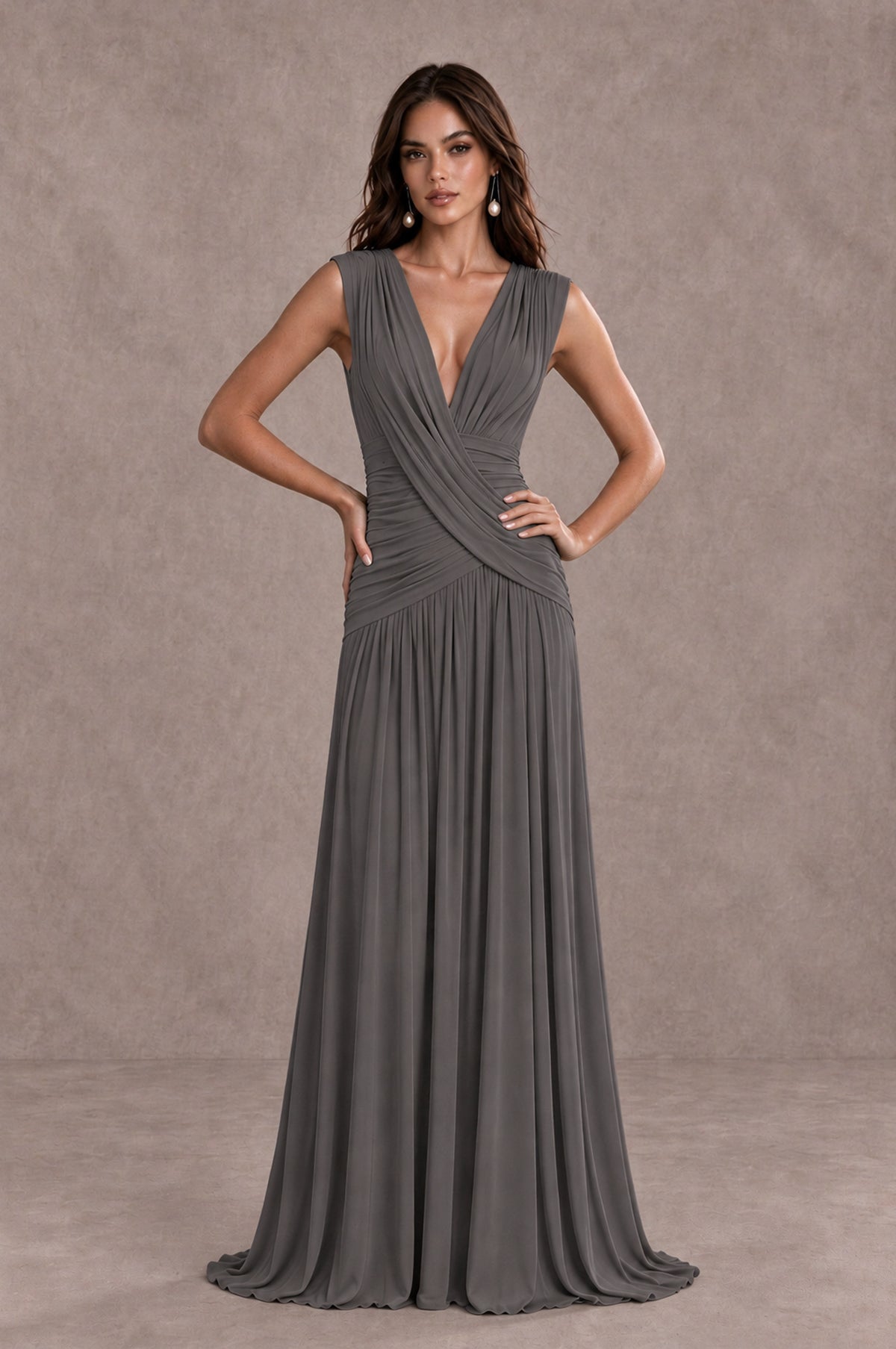 BOLODOO Grey V-Neck Ruched Wedding Guest Dress - Grey - Grey_3