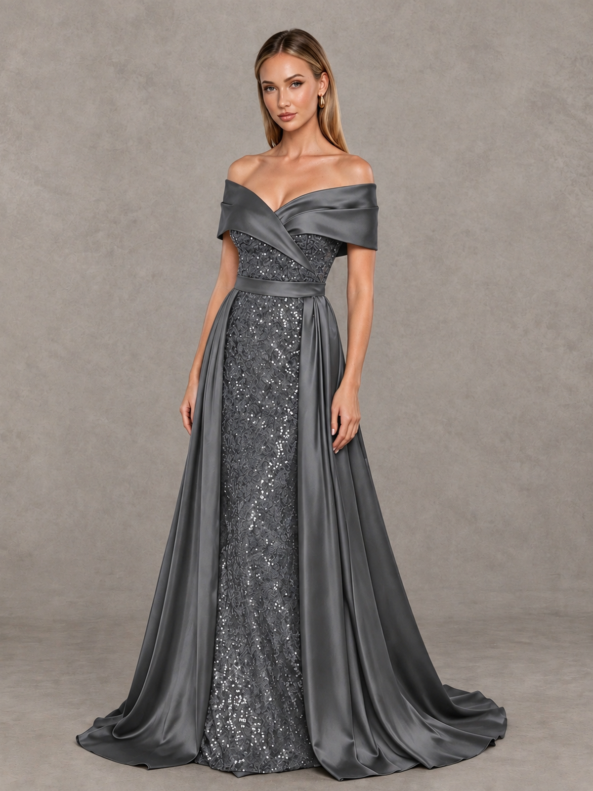 BOLODOO Grey Sequin Mermaid Evening Dress with Detachable Satin Overskirt and Sweep Train - Grey - Grey_3