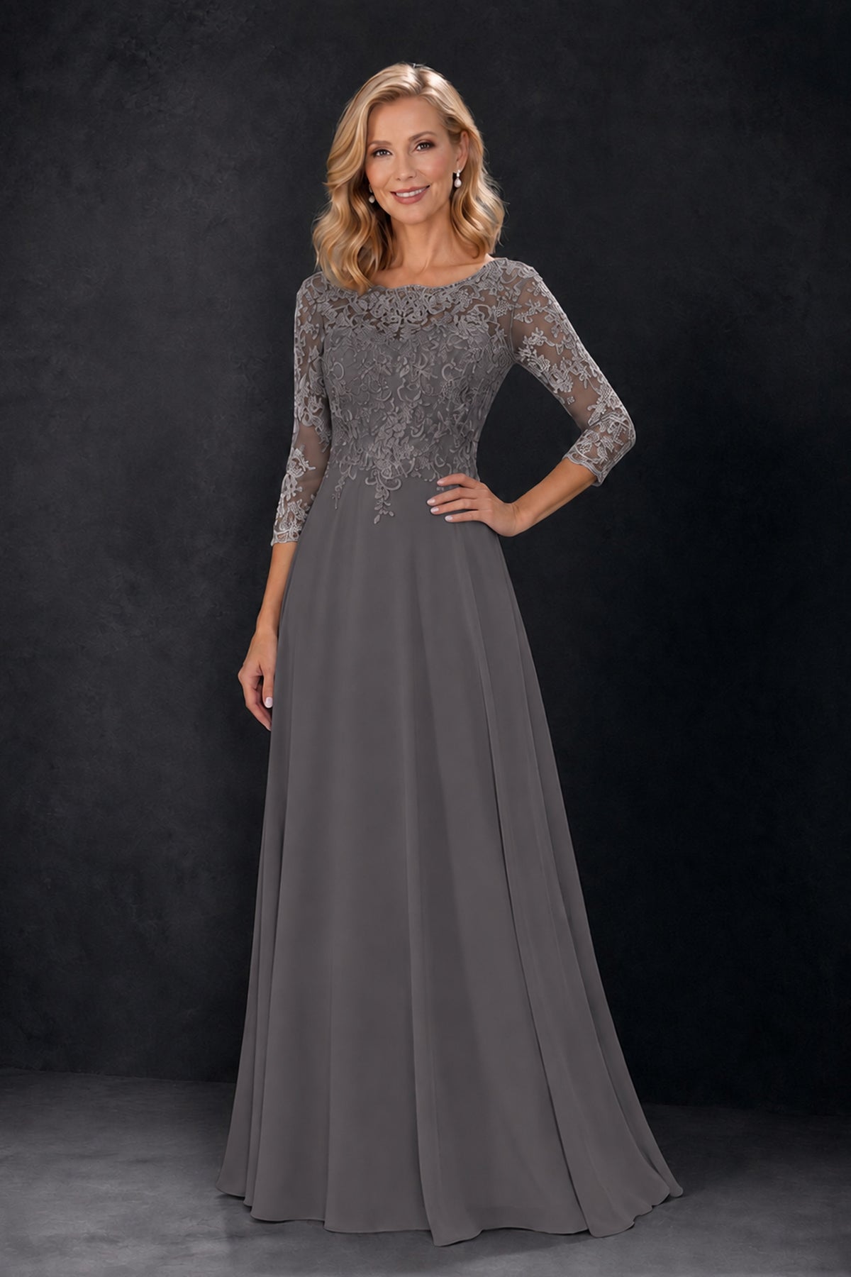 BOLODOO Grey Lace Embroidered Mother of the Bride Dress with 3/4 Sleeves - Grey