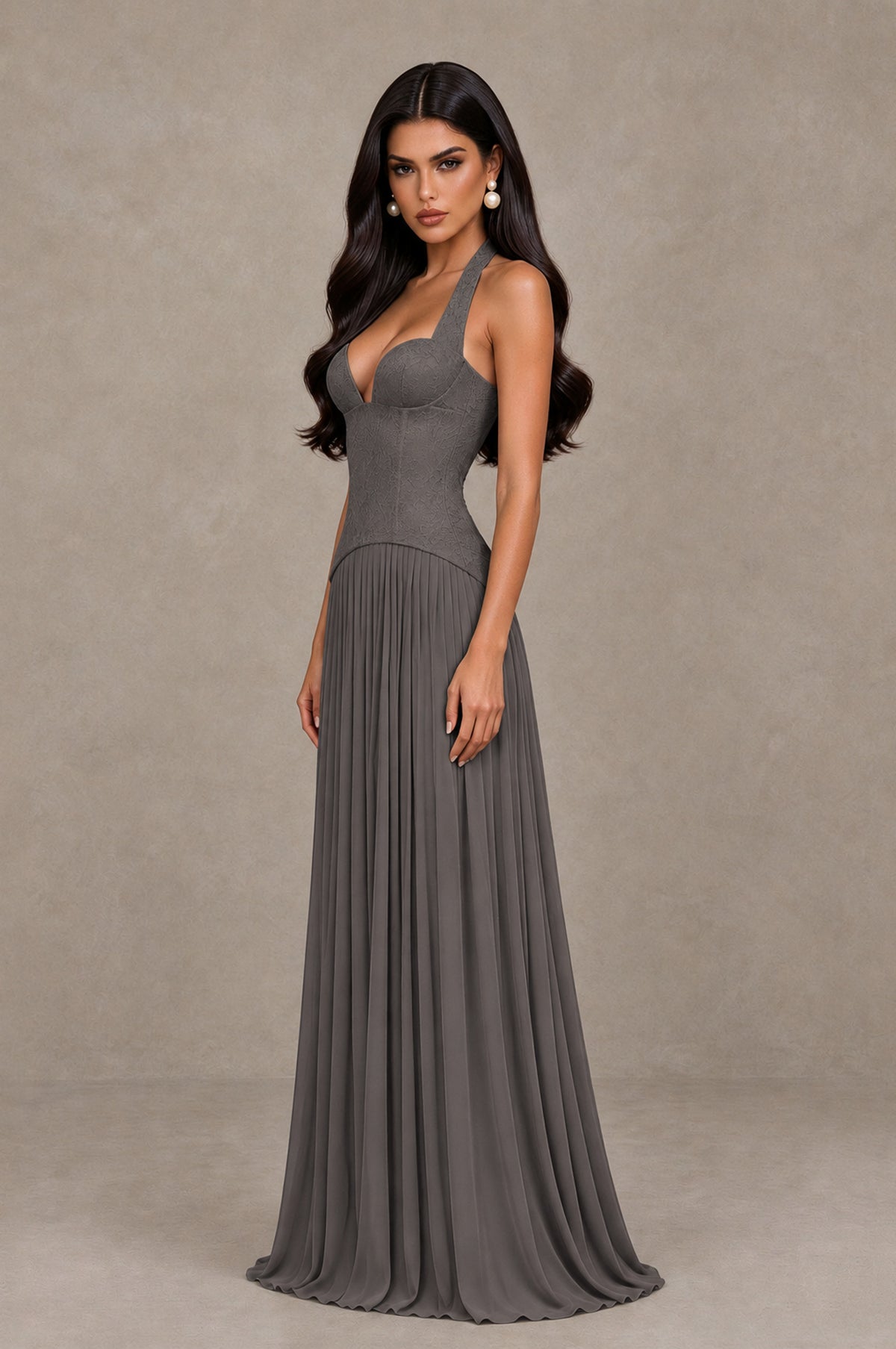 BOLODOO Grey Halter Corset Pleated A-Line Evening Dress - Grey - Grey_4