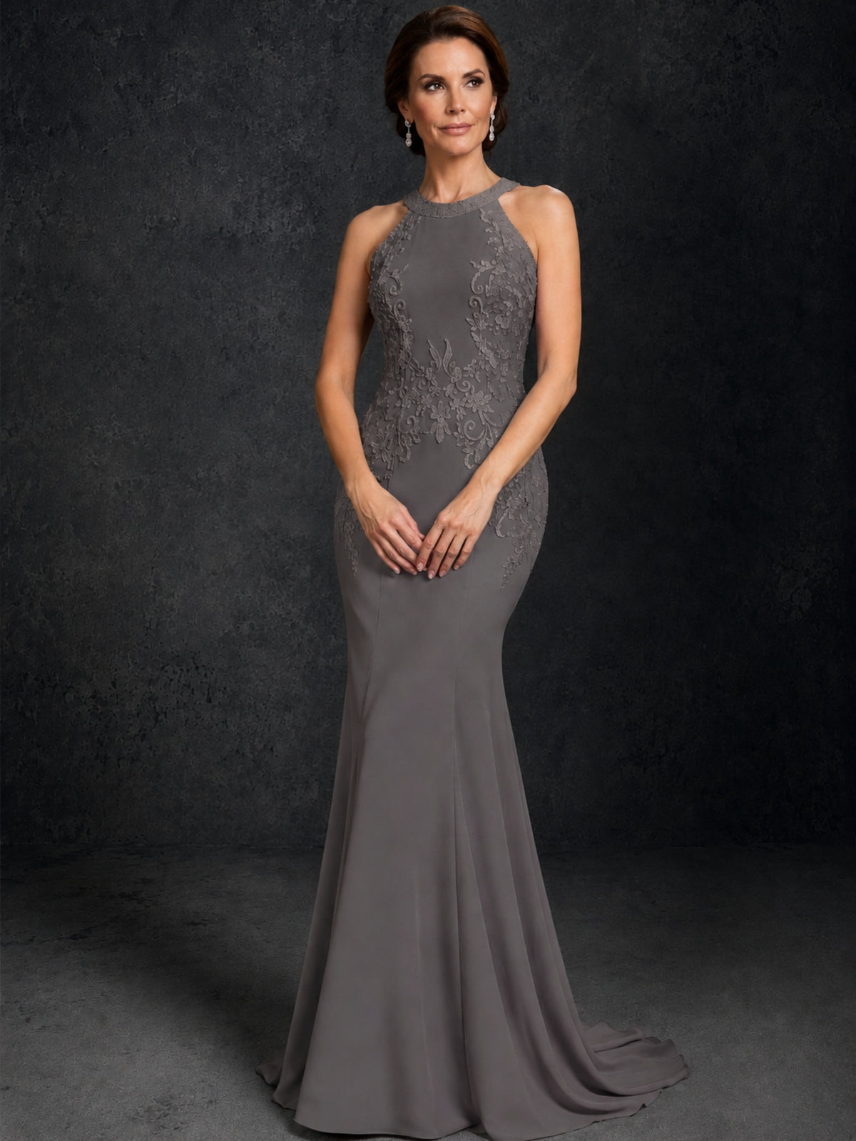 BOLODOO Grey Lace Applique Halter Neck Sheer Back Mermaid Maxi Dress with Sweep Train - Grey