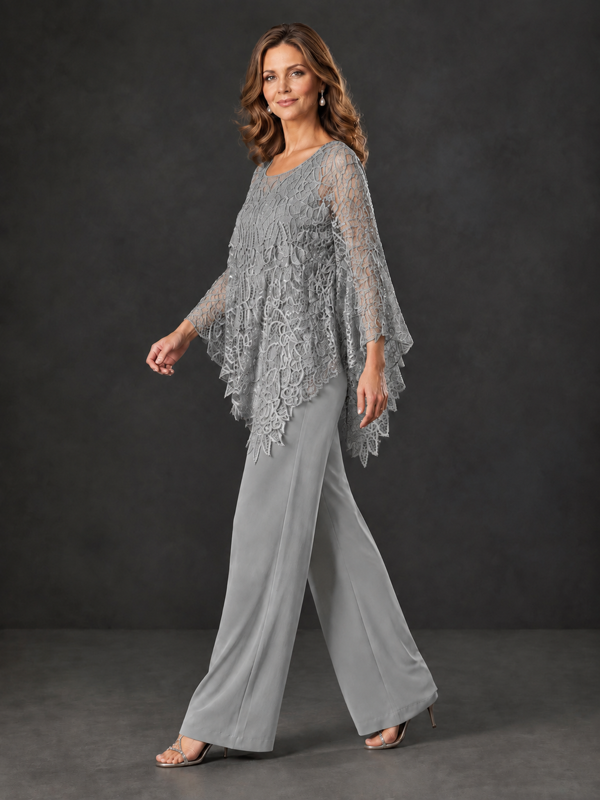 BOLODOO Grey Lace Overlay Wide-Leg Pantsuit for Mothers of the Bride - Grey