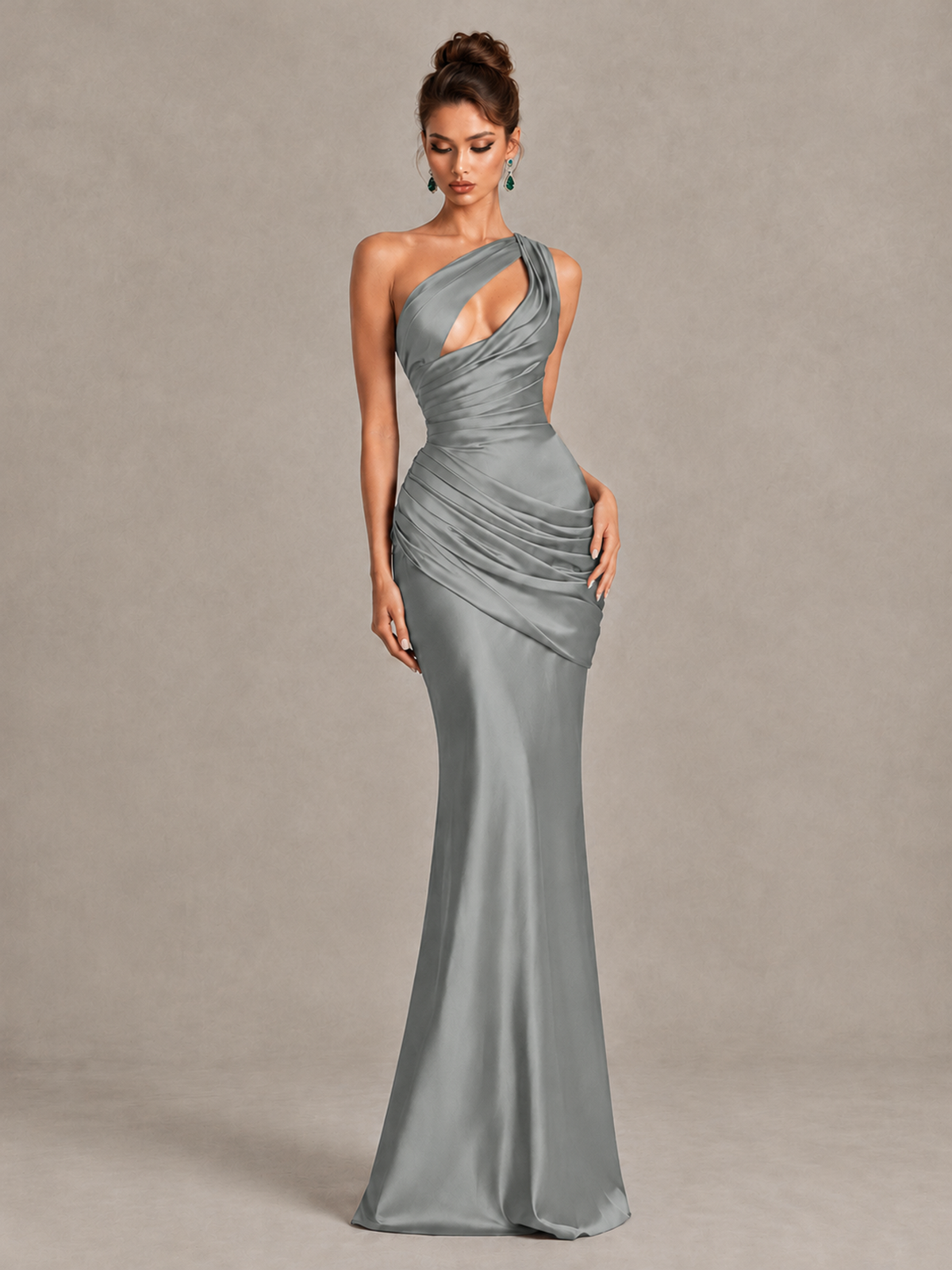 BOLODOO Grey One-Shoulder Cutout Satin Mermaid Prom Dress - Grey - Grey_4