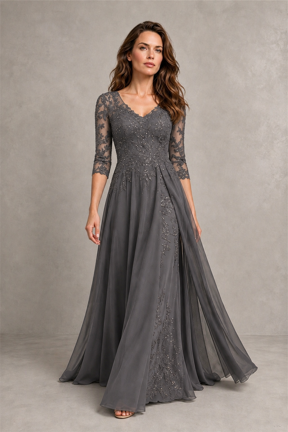 BOLODOO Midnight Grey Beaded Lace Appliqué Chiffon A-Line Gown | Mother of the Bride & Formal Evening Dress - Grey - Grey_4