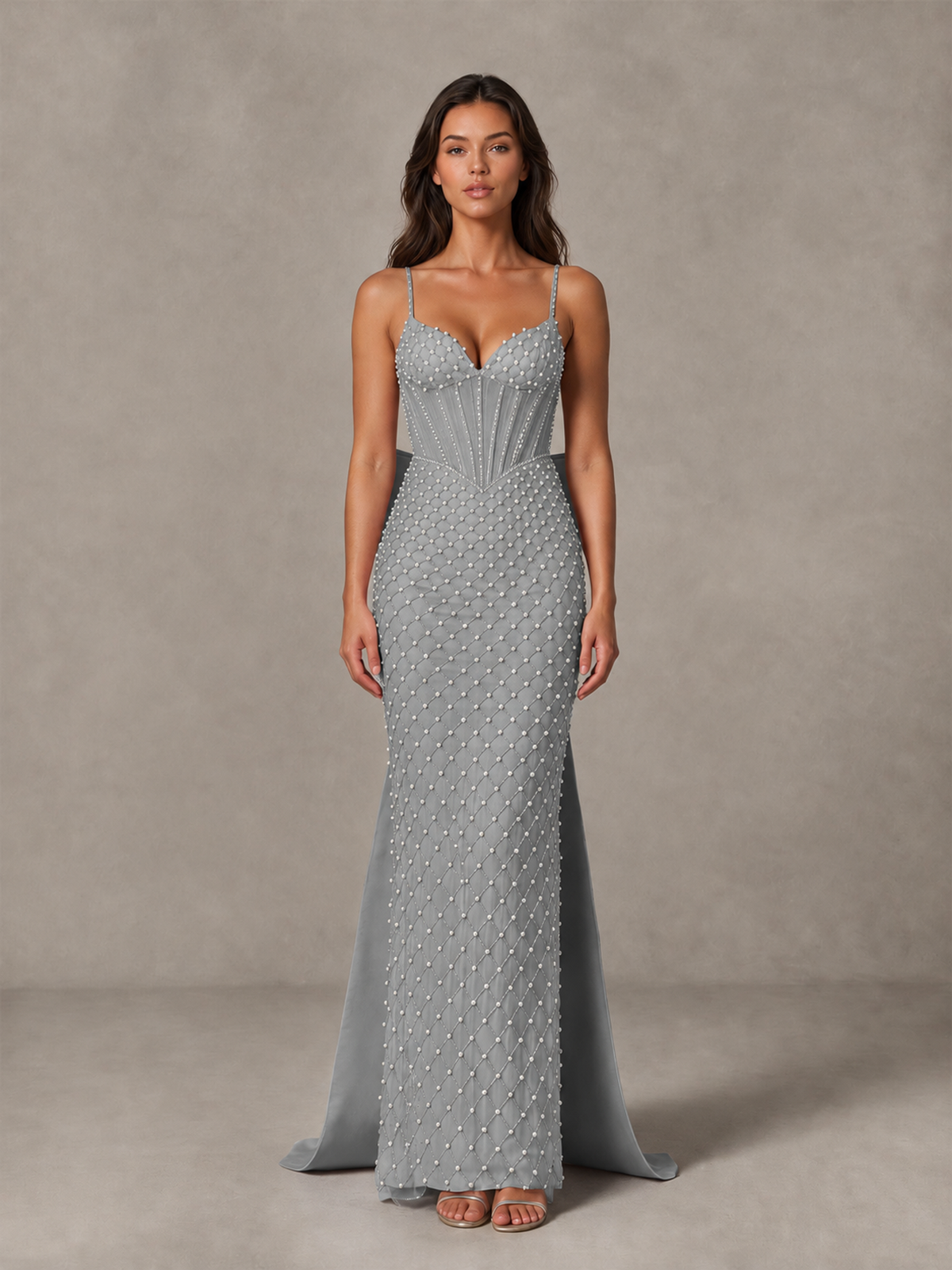 BOLODOO Grey Beaded Corset Prom Dress with Bow Train - Grey - Grey_4
