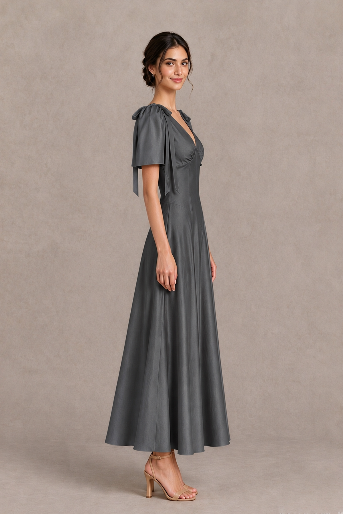 BOLODOO Grey V-Neck Short Sleeve Satin-Look Bridesmaid Dress with Shoulder Bows - Grey - Grey_4