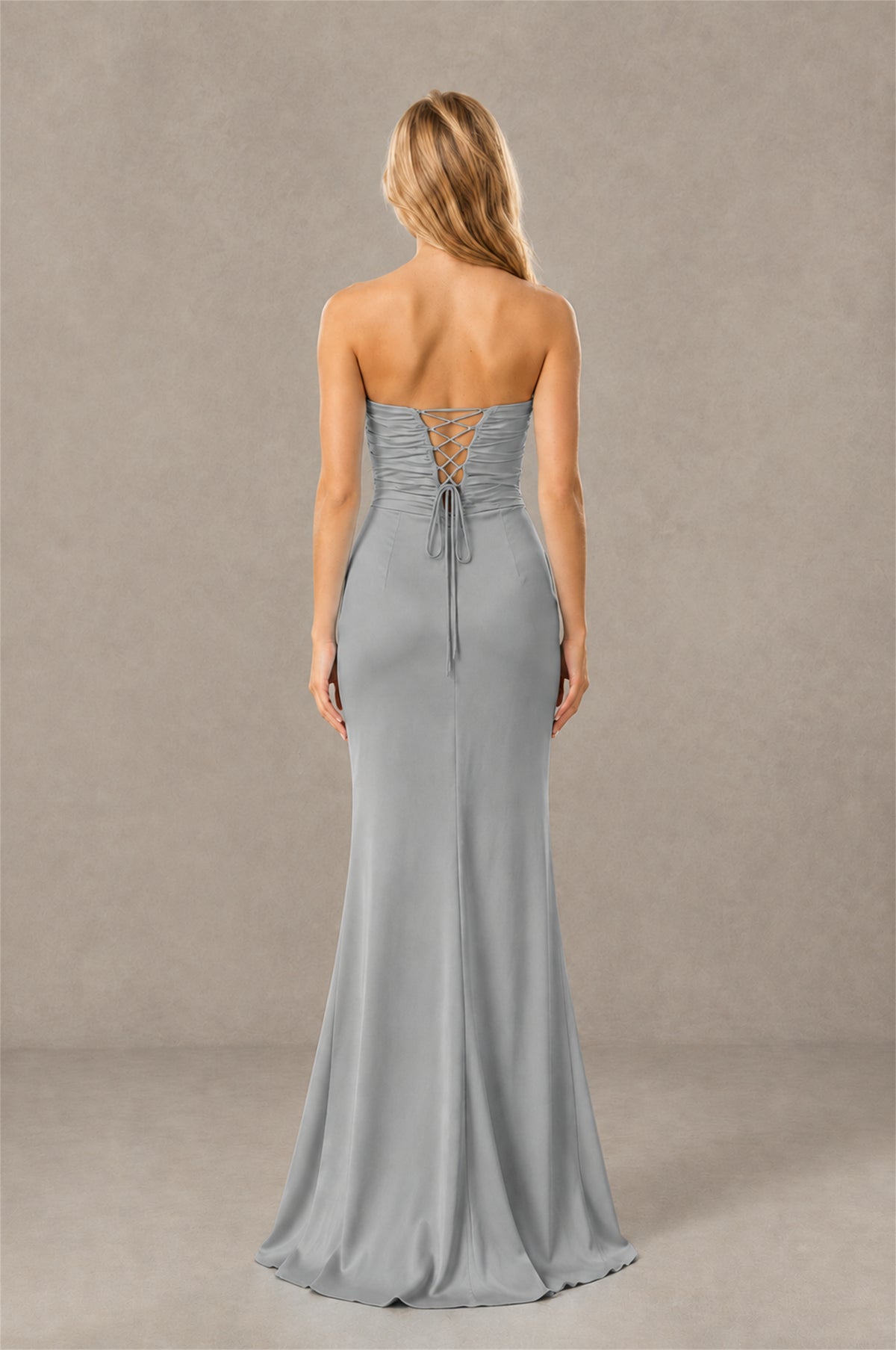 BOLODOO Grey Sweetheart Strapless Twist Knot Cutout Lace-Up Back Satin Mermaid Maxi Dress - Grey - Grey(4)