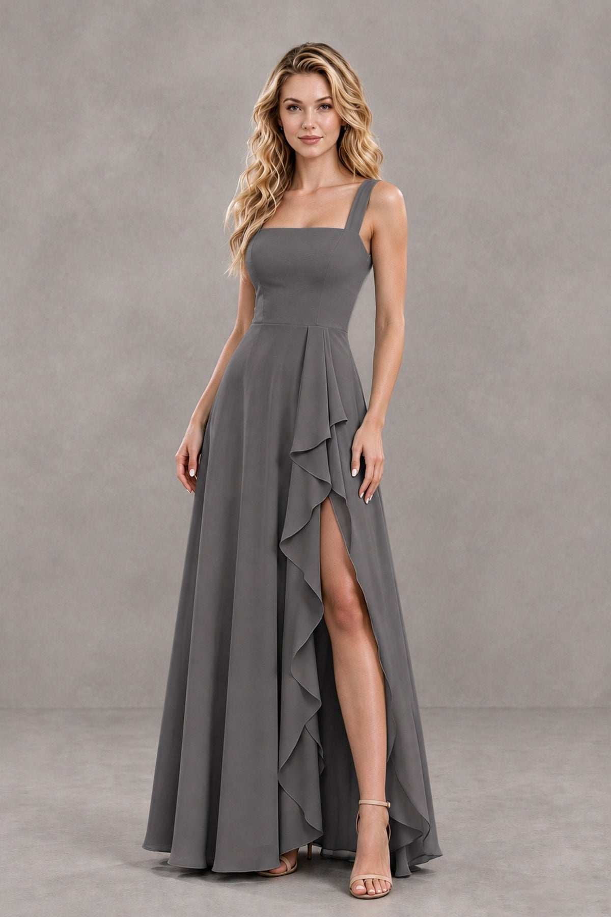 BOLODOO Grey Square Neck Ruffle A-Line Bridesmaid Dress with Slit - Grey - Grey_4