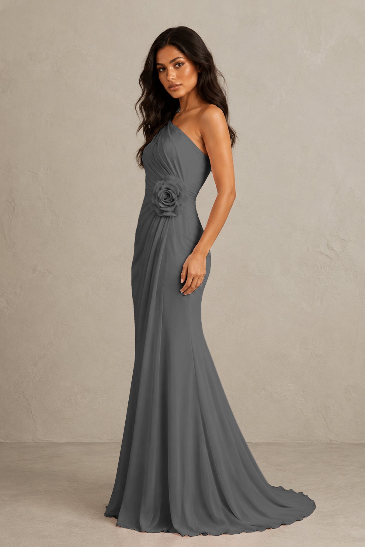 BOLODOO Grey One-Shoulder Floral Ruched Maxi Dress - Grey