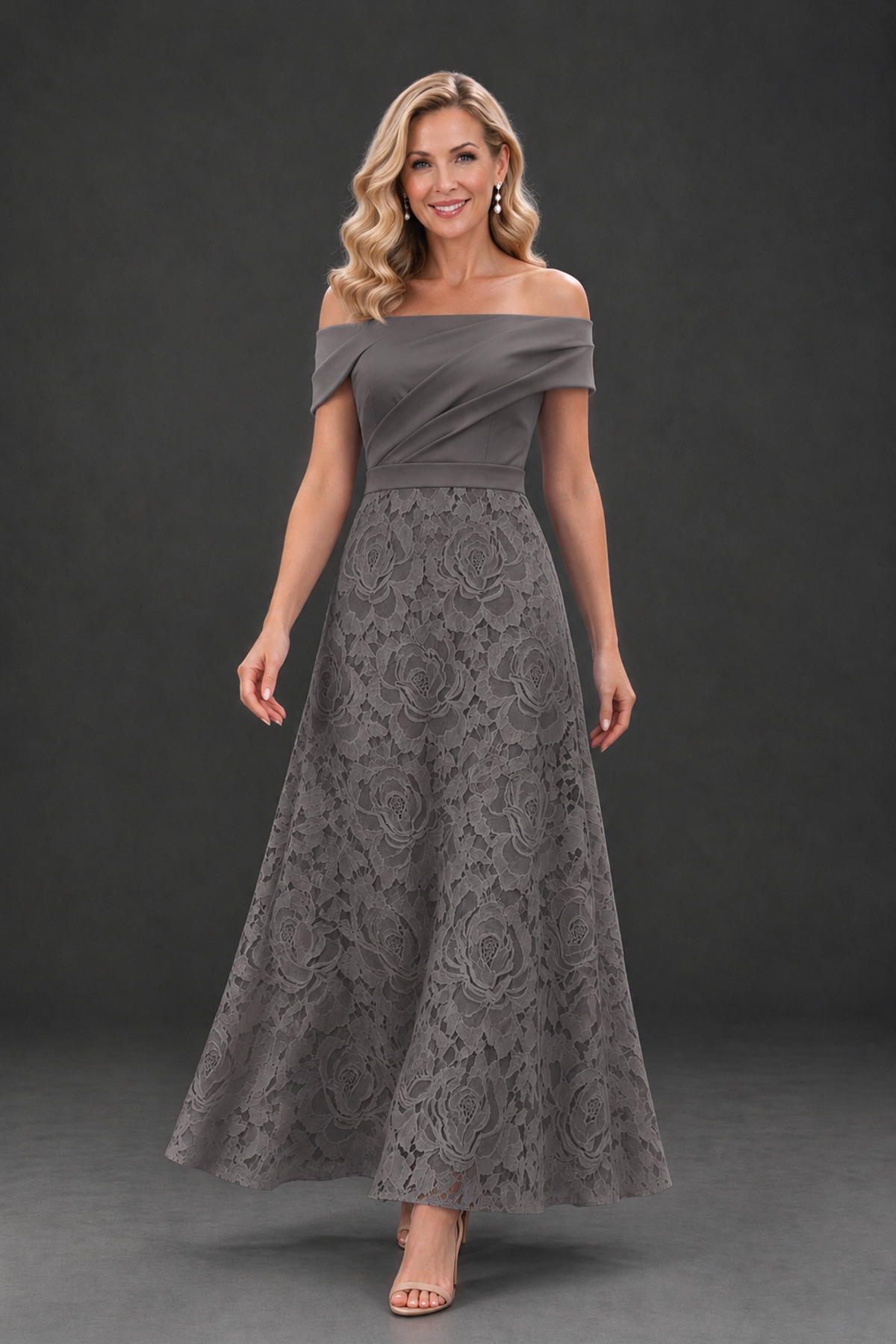 BOLODOO Grey Off-the-Shoulder Floral A-Line Mother of the Bride Dress - Grey - Grey_4