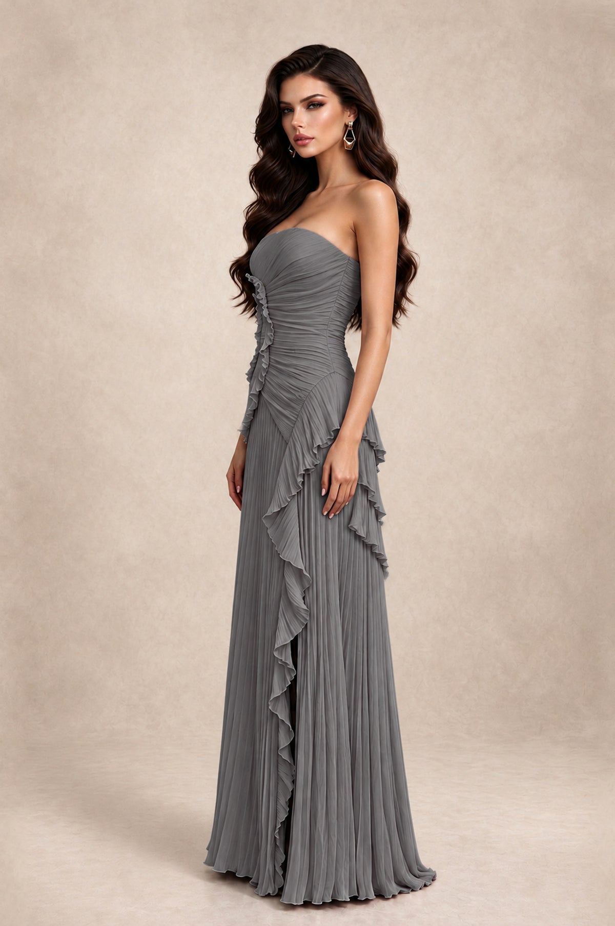 BOLODOO Grey Strapless Ruffle Pleated Slit Evening Gown - Grey - Grey_4