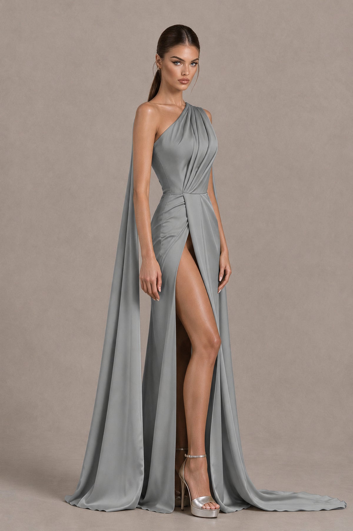 BOLODOO Grey One Shoulder Satin Evening Dress with High Slit and Draped Cape Train - Grey - Grey_4