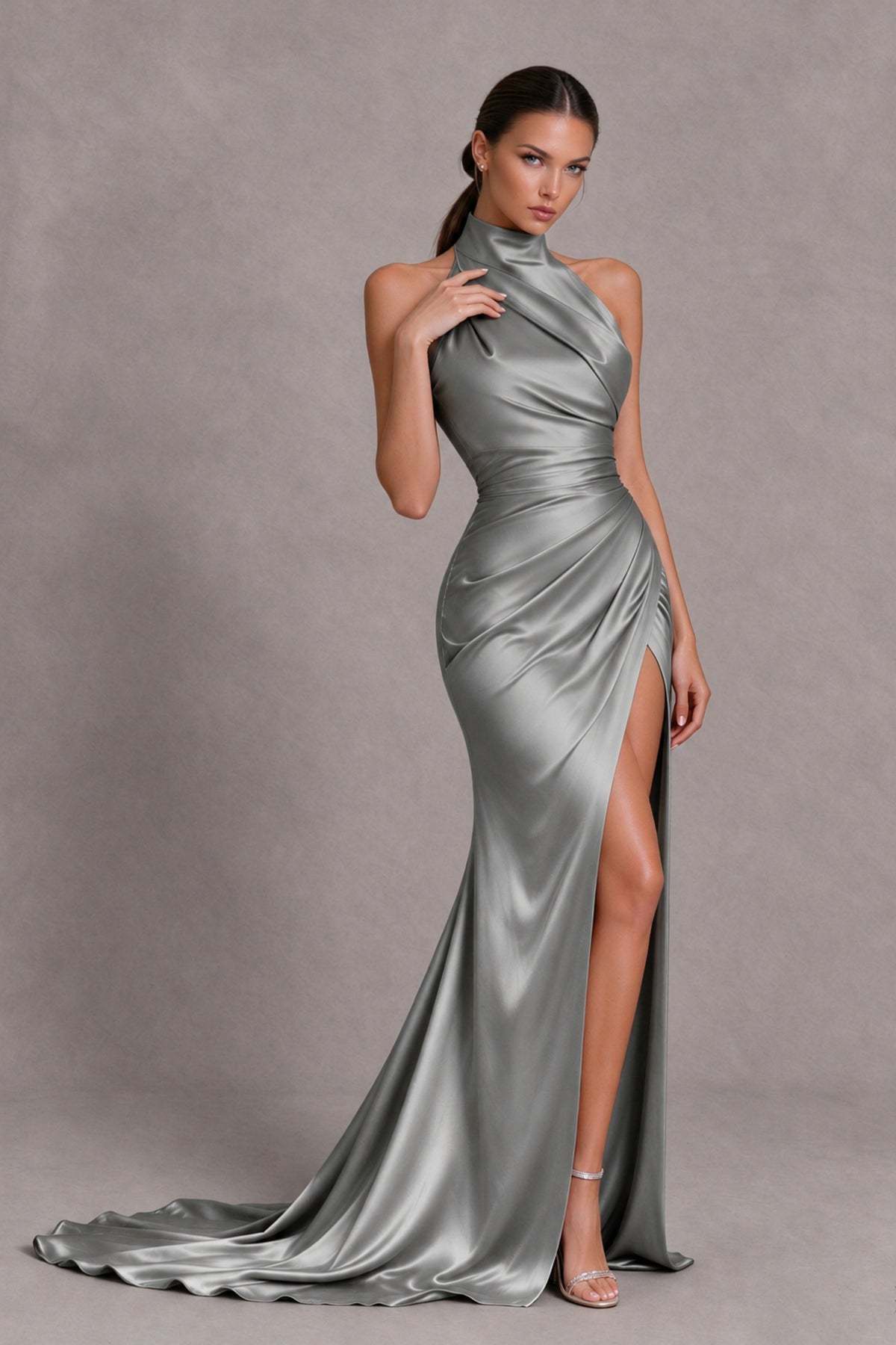 BOLODOO Grey Halter Satin-Look Evening Gown with High Slit - Grey - Grey_4