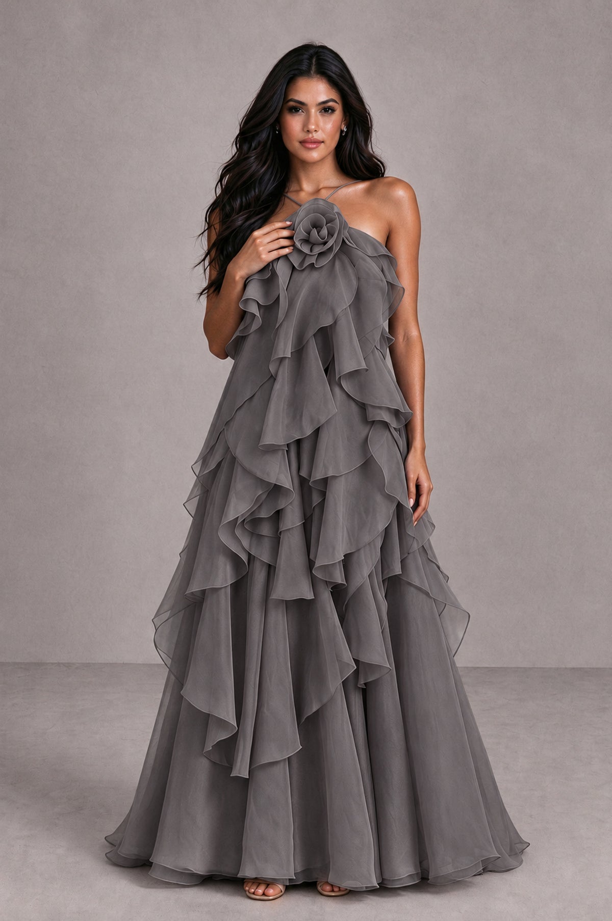 BOLODOO Grey Cascading Ruffle Rosette Open-Back Maxi Dress - Grey - Grey_4