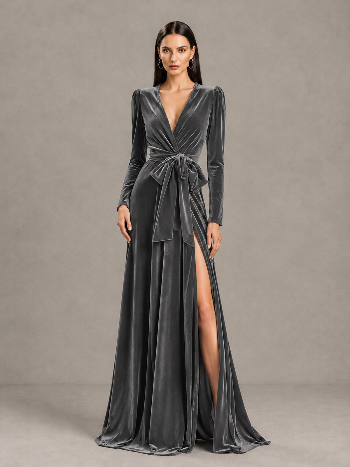 BOLODOO Grey Long Sleeve Velvet-Look Evening Dress with High Slit - Grey - Grey_4