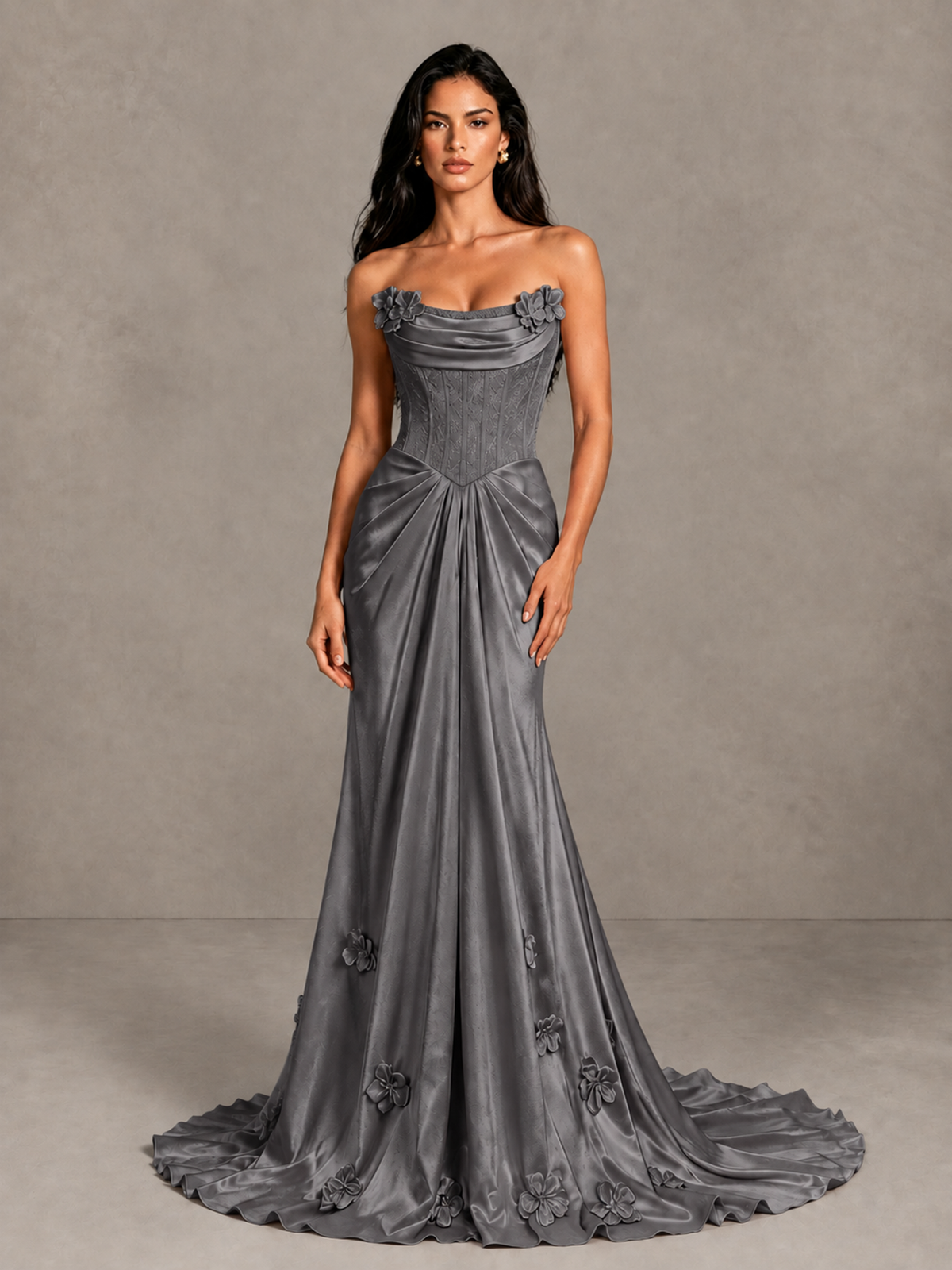 BOLODOO Grey Strapless Floral Corset Evening Gown with Train - Grey - Grey_4