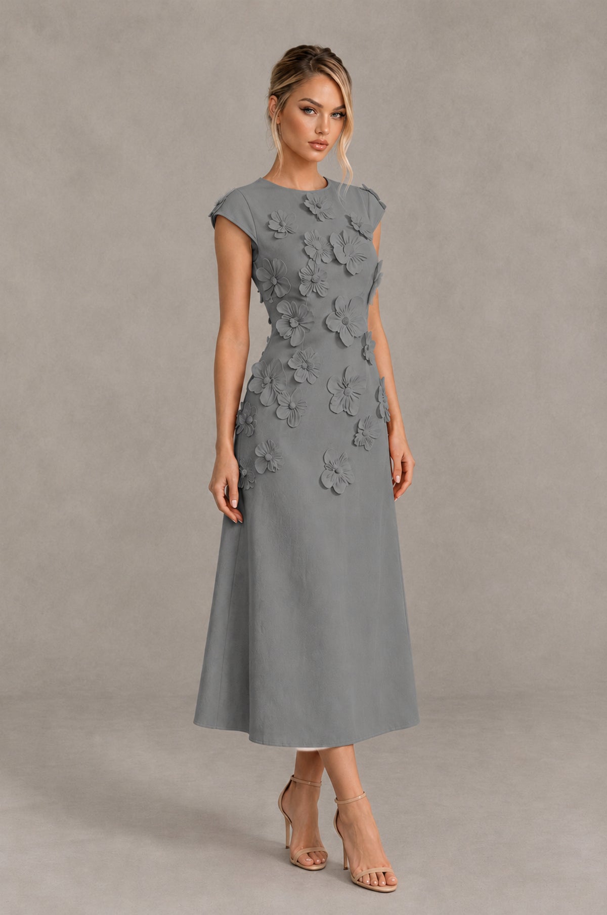 BOLODOO Grey 3D Floral Cap Sleeve Midi Cocktail Dress - Grey - Grey_4