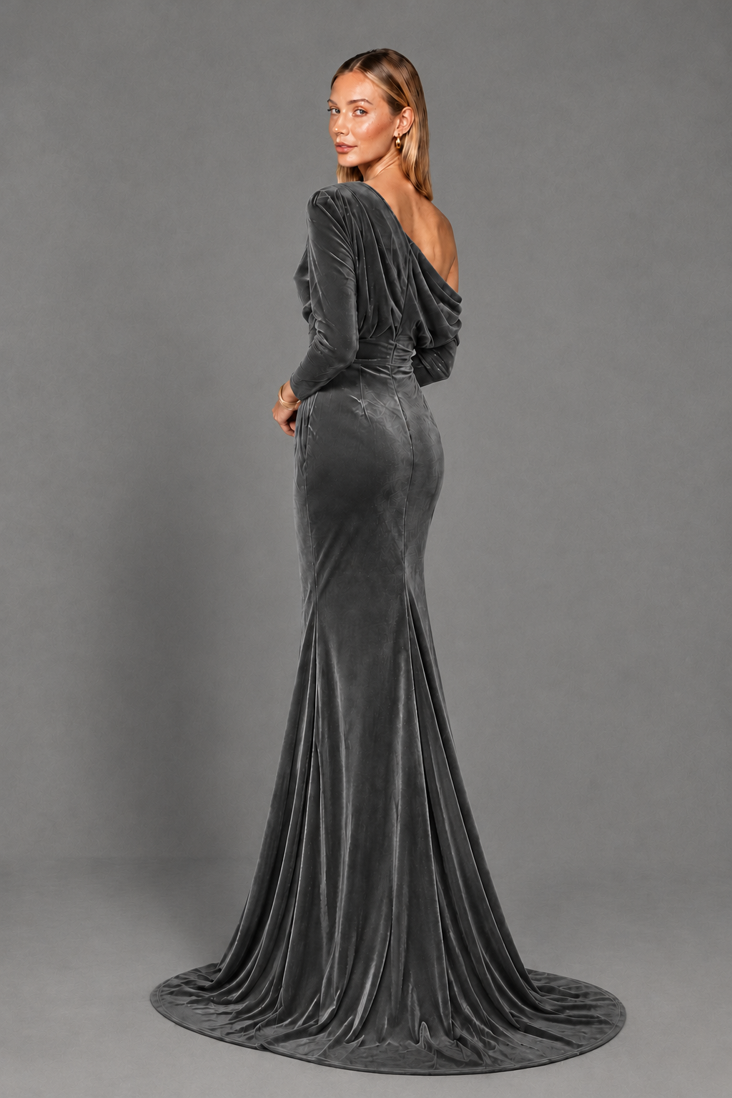 BOLODOO Grey Velvet Asymmetric Neck Mermaid Evening Dress - Grey - Grey_4