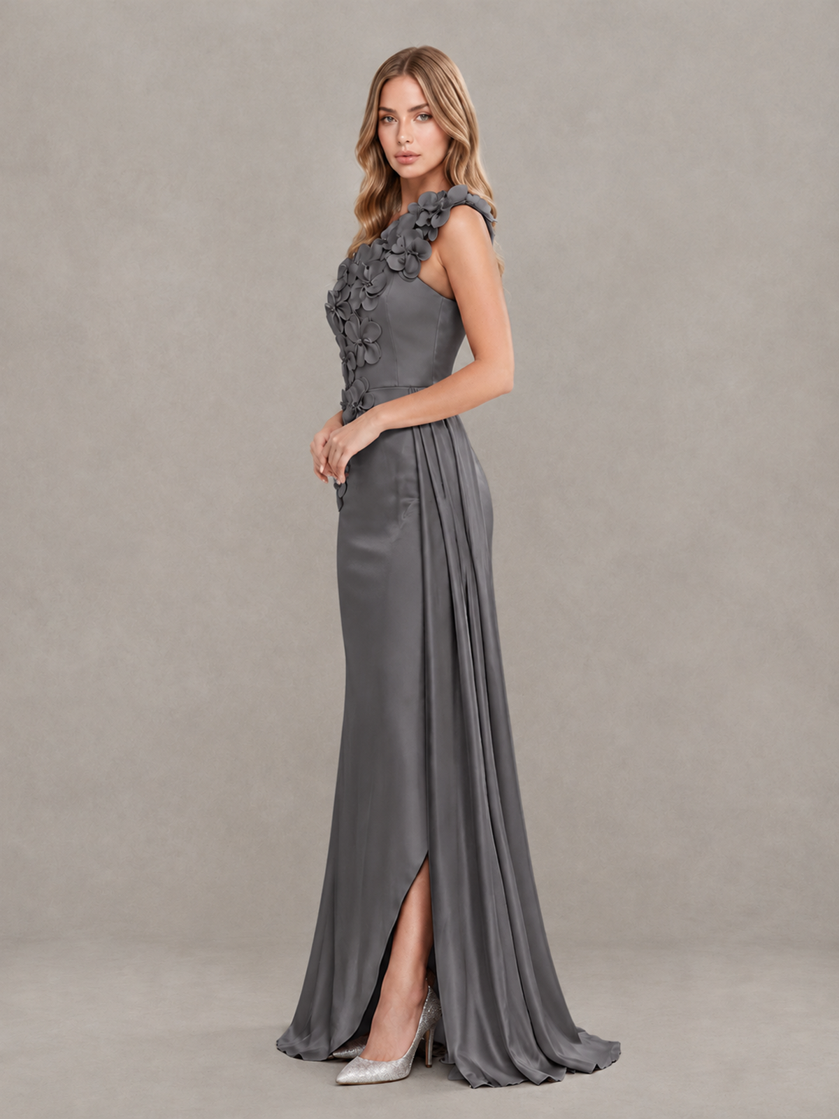 BOLODOO Grey One-Shoulder Satin Mermaid Evening Gown with 3D Floral Appliqué - Grey - Grey_4