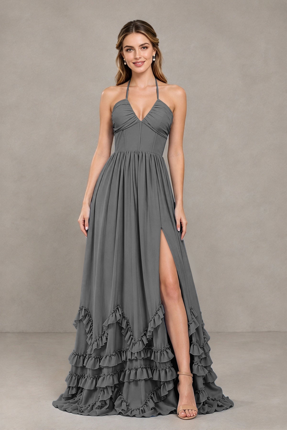 BOLODOO Grey Halter Ruffle Hem A-Line Bridesmaid Dress with High Slit - Grey - Grey(4)
