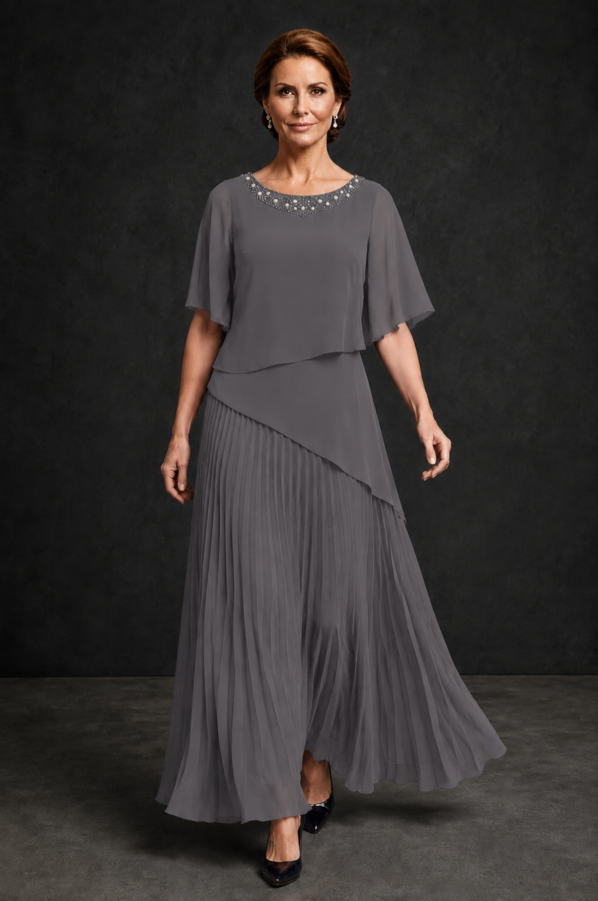 BOLODOO Grey Pearl Beaded Neck Asymmetric Tiered Flutter Sleeve Pleated Chiffon Maxi Dress - Grey - Grey_4