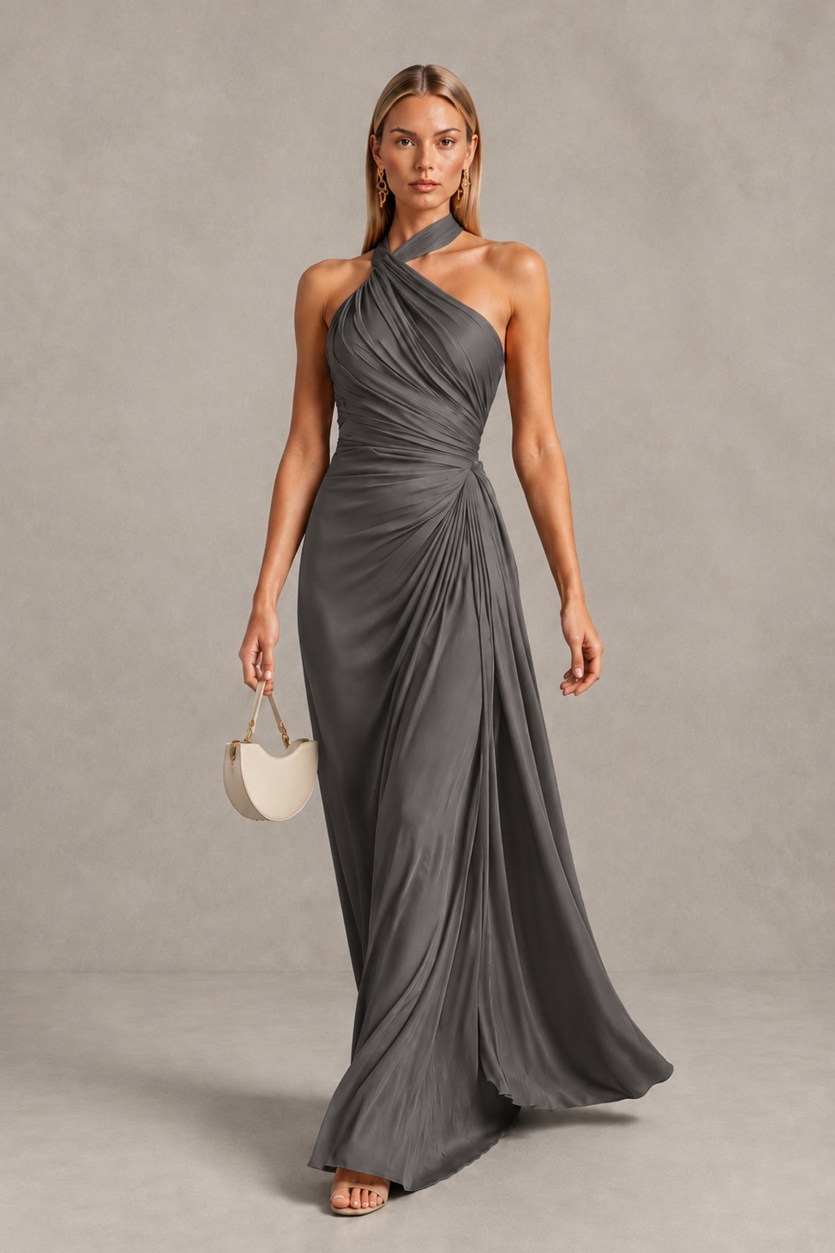 BOLODOO Grey Twisted Halter Neck Ruched Sleeveless Open Back Floor-Length Gown - Grey - Grey_4