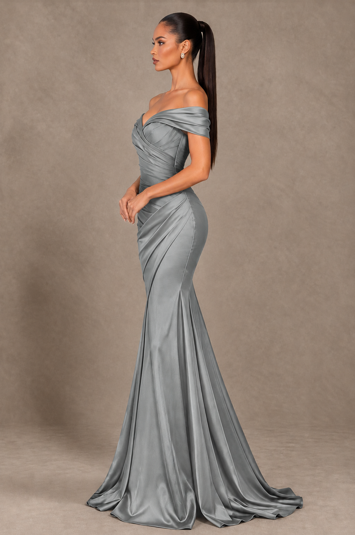 BOLODOO Grey Off-the-Shoulder Ruched Satin Mermaid Evening Dress - Grey - Grey_4