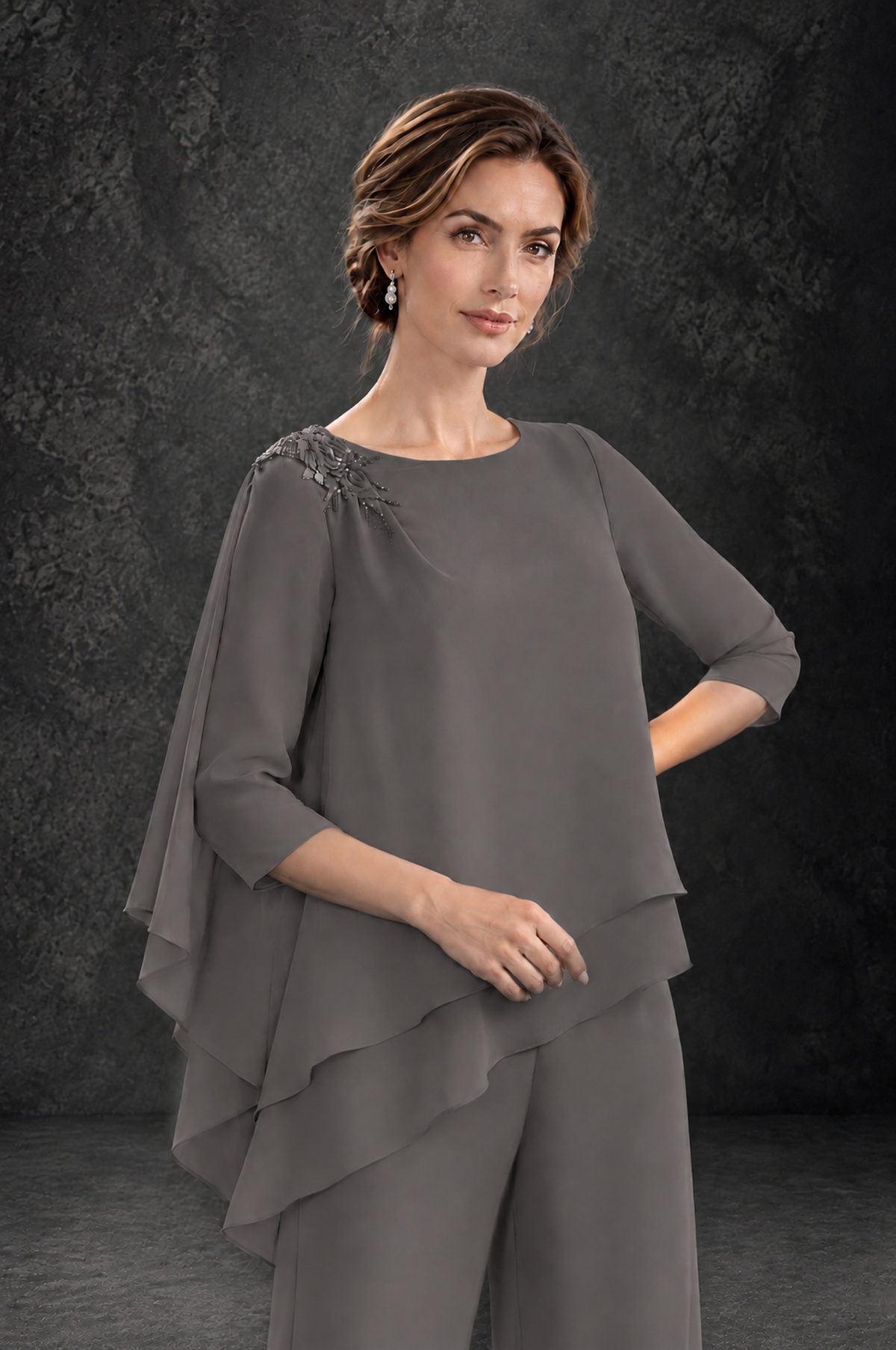 BOLODOO Grey Layered Wide-Leg Mother of the Bride Pant Suit - Grey - Grey_4