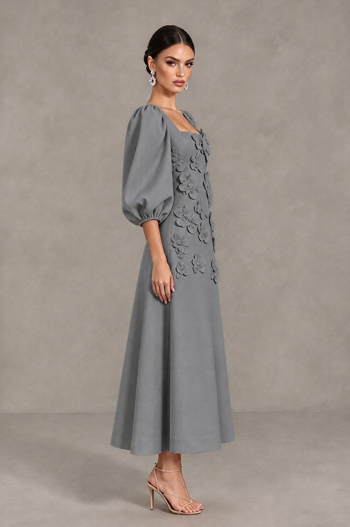 BOLODOO Grey 3D Floral Puff Sleeve Midi Cocktail Dress - Grey - Grey_4