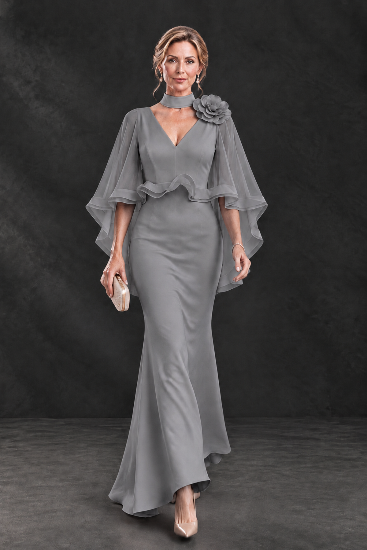 BOLODOO Grey Floral Cape Sleeve Mother of the Bride Dress - Grey - Grey_4