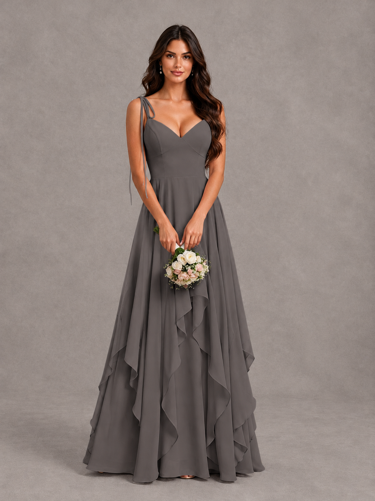 BOLODOO Grey Tie-Strap Ruffle A-Line Bridesmaid Dress - Grey - Grey_4