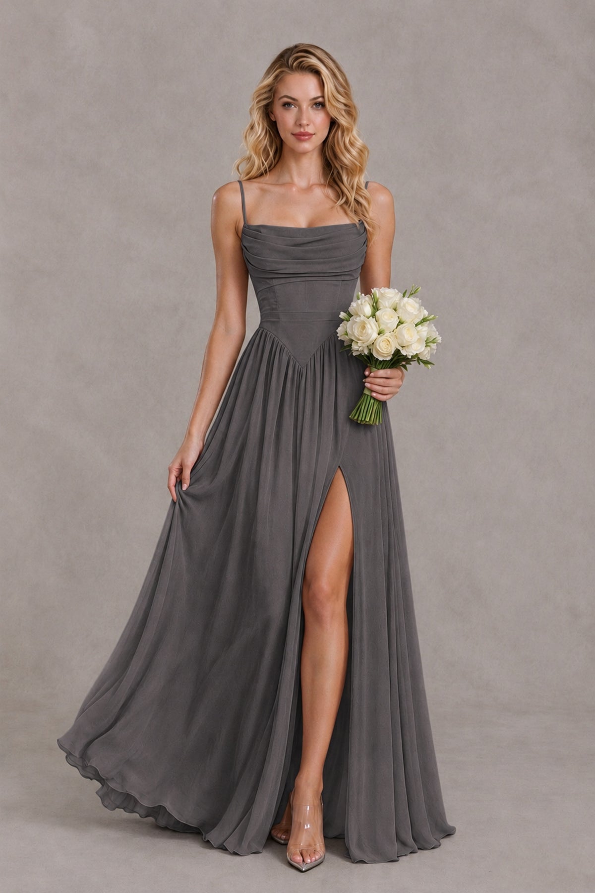 BOLODOO Grey Spaghetti Strap A-Line Bridesmaid Dress with Slit - Grey - Grey_4