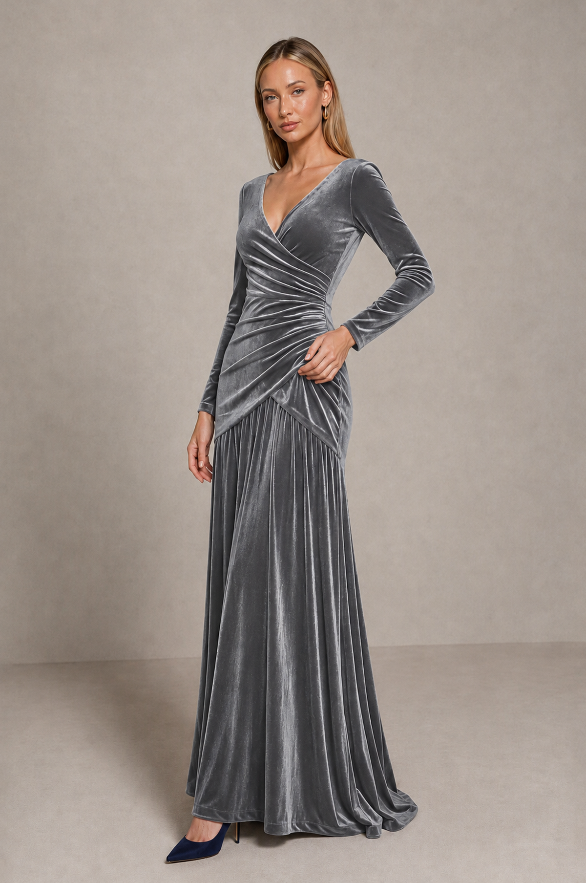 BOLODOO Grey Velvet Long Sleeve V-Neck Ruched Evening Dress - Grey - Grey_4