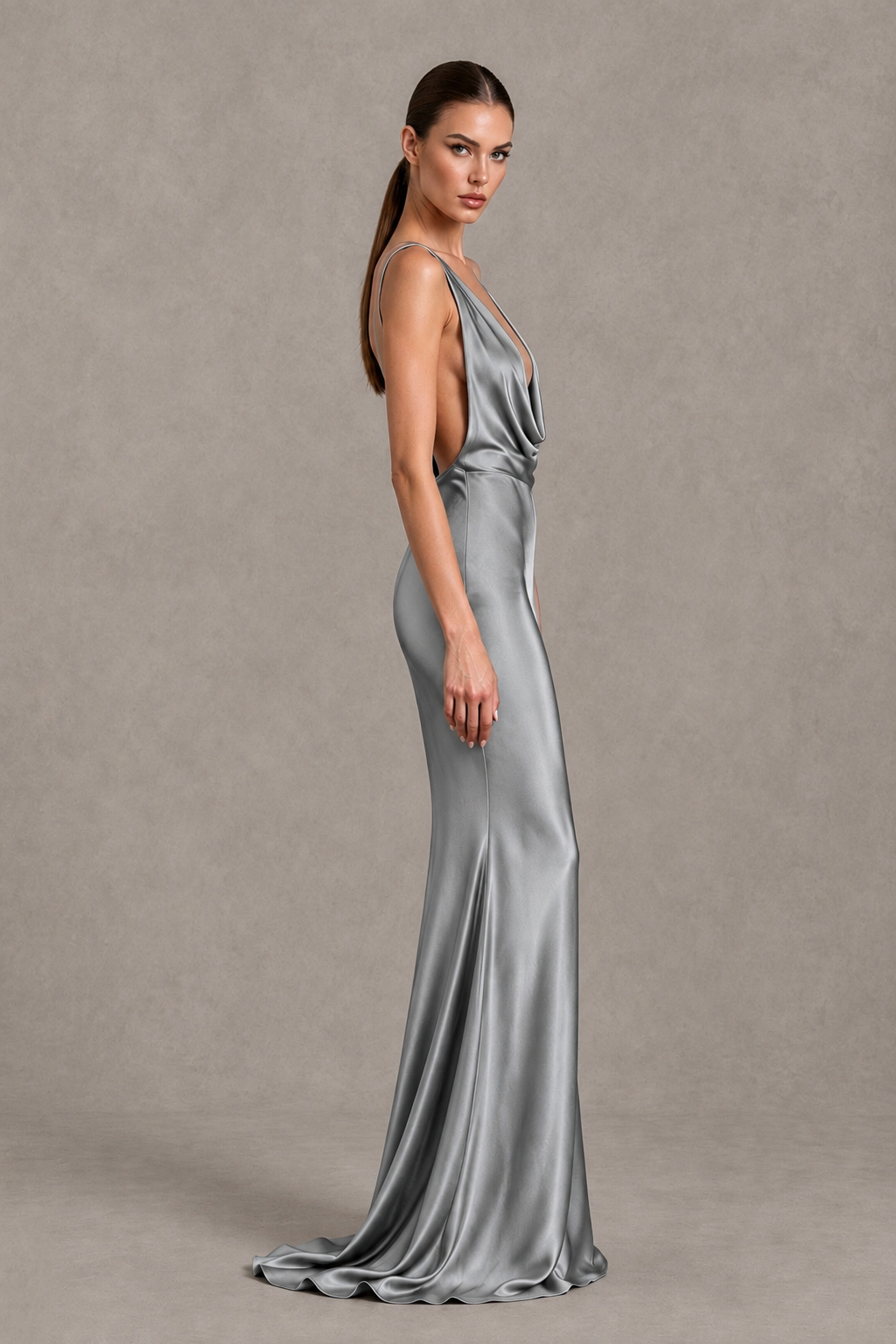 BOLODOO Grey Cowl Neck Backless Satin Mermaid Evening Dress - Grey - Grey_4