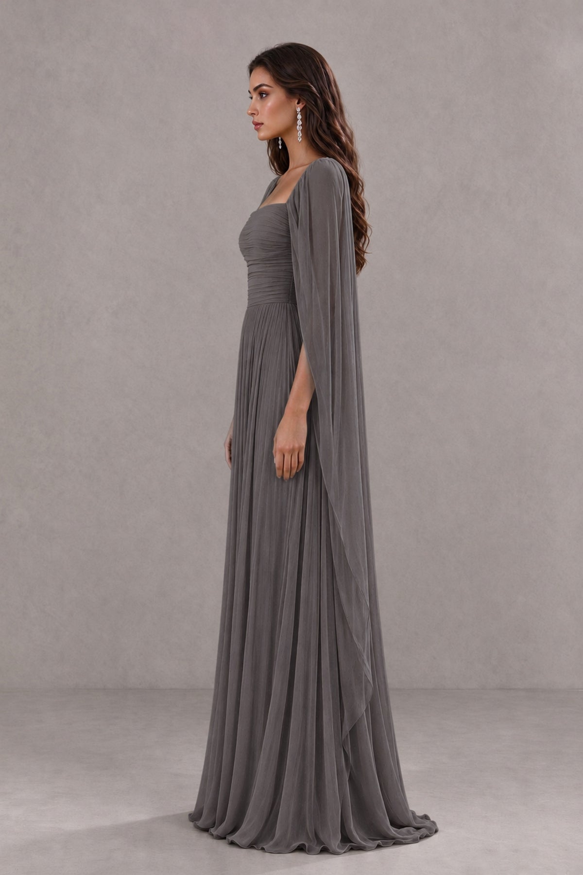 BOLODOO Grey Square Neck Cape Sleeve A-Line Evening Dress - Grey - Grey_4
