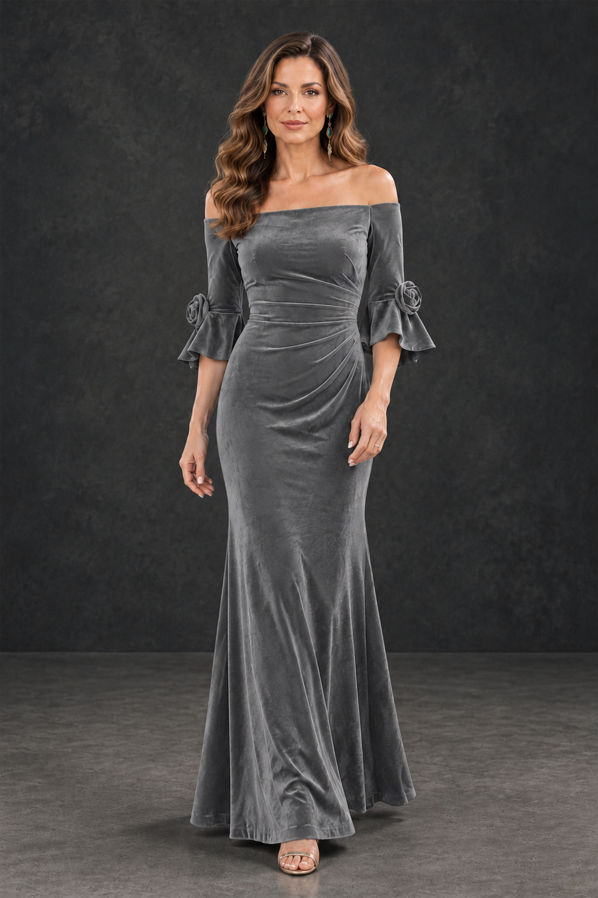 BOLODOO Grey Velvet Mother of the Bride Dress with Rosette Sleeves - Grey - Grey_4