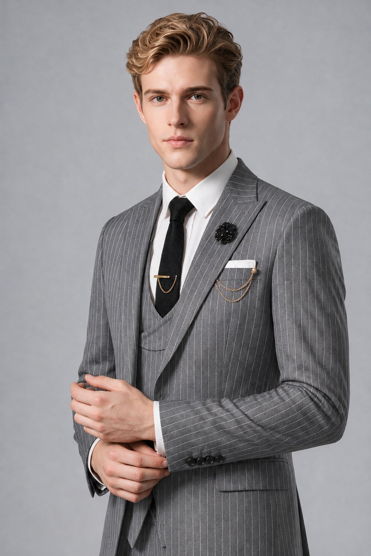 Bolodoo Men's Grey Pinstripe 3-Piece Suit – Jacket, Vest & Trousers - Grey - Grey_4